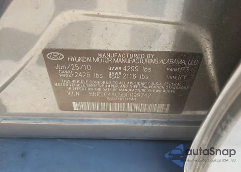 2011 Hyundai Sonata Se z USA, uszkodzony, nr VIN 5NPEC4AC5BH099742